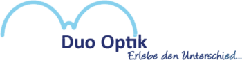 Logo von Duo Optik mit einer stilisierten Brille in Hellblau und dem Slogan 'Erlebe den Unterschied...'